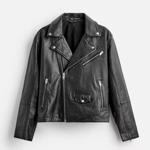 ZARA Black Leather Bomber-Style Biker Jacket